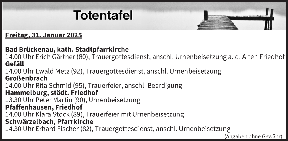  Traueranzeige für Totentafel vom 31.01.2025 vom 31.01.2025 aus MGO