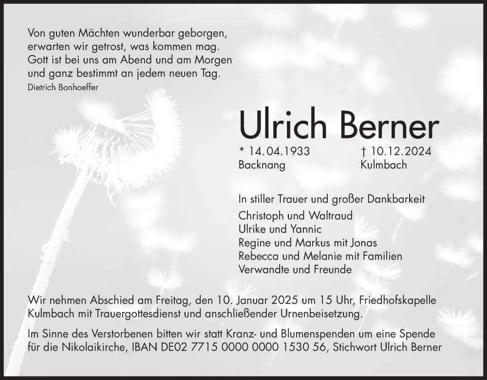  Traueranzeige für Ulrich Berner vom 04.01.2025 aus MGO