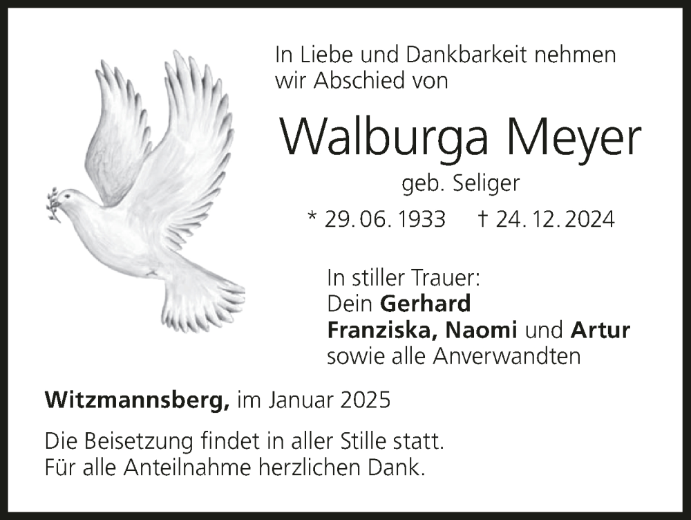  Traueranzeige für Walburga Meyer vom 04.01.2025 aus MGO