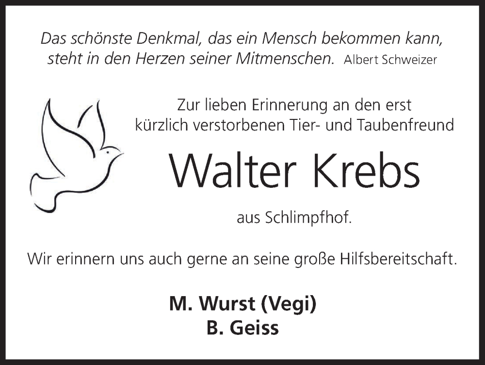  Traueranzeige für Walter Krebs vom 25.01.2025 aus MGO