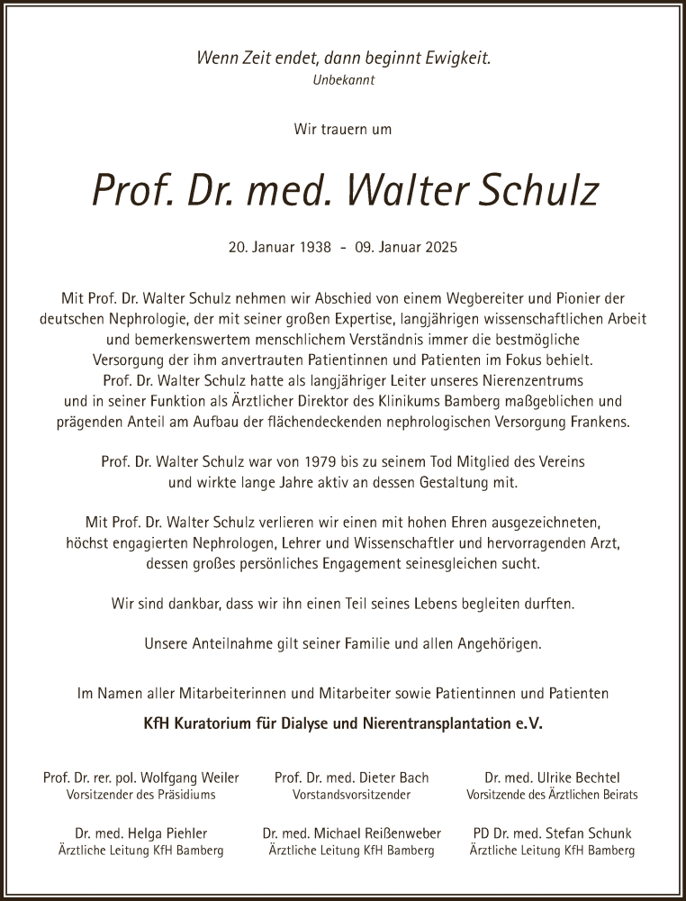  Traueranzeige für Walter Schulz vom 25.01.2025 aus MGO