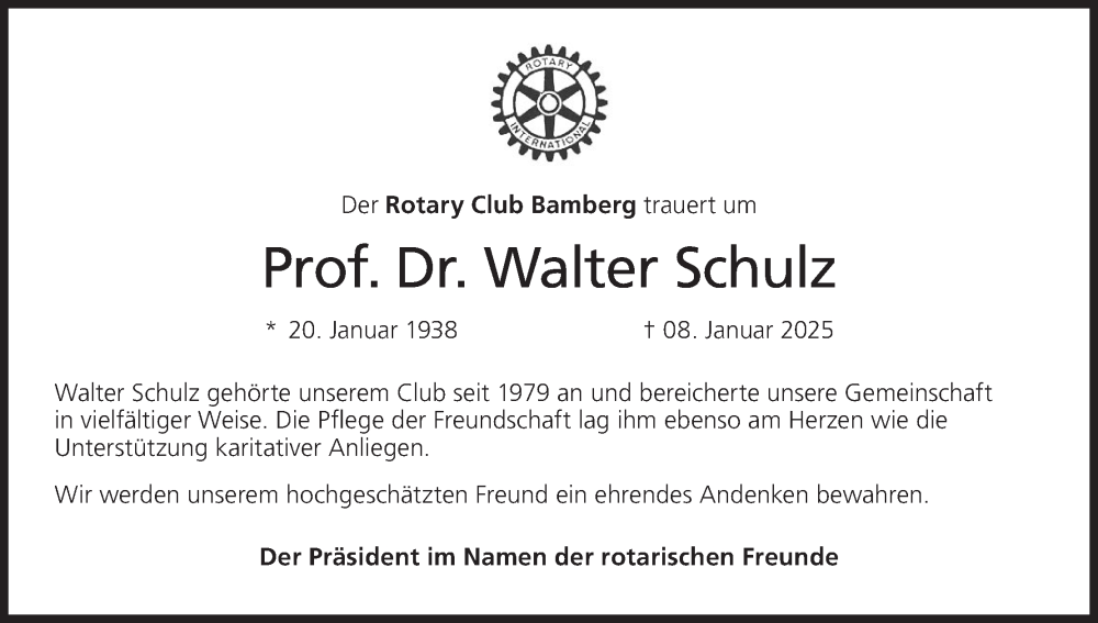  Traueranzeige für Walter Schulz vom 18.01.2025 aus MGO