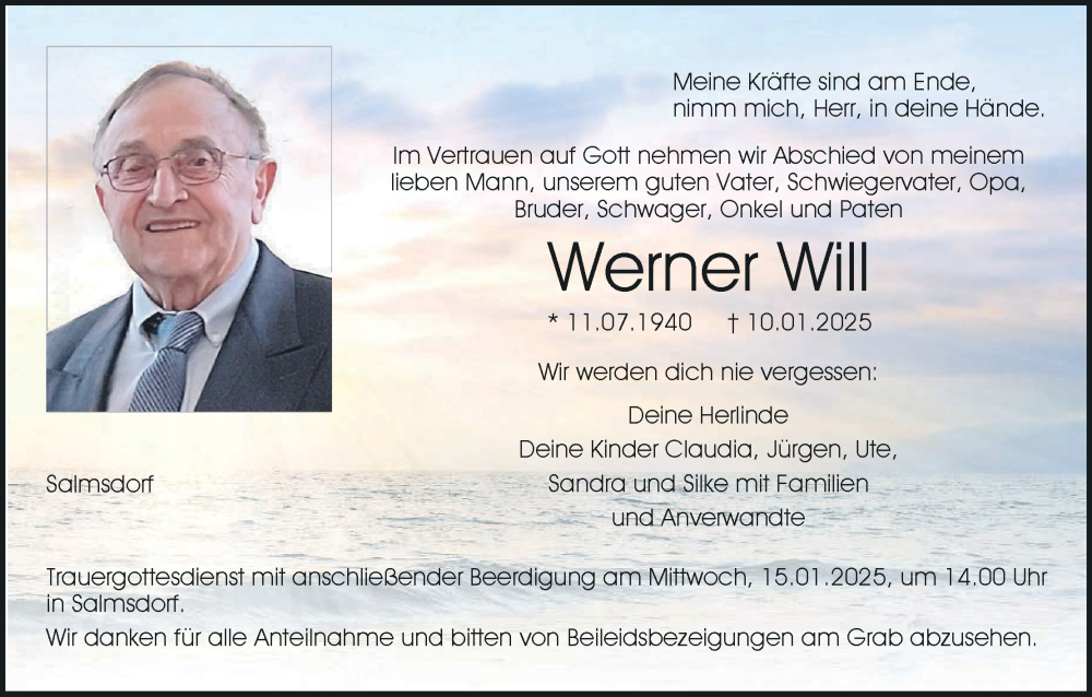  Traueranzeige für Werner Will vom 14.01.2025 aus MGO