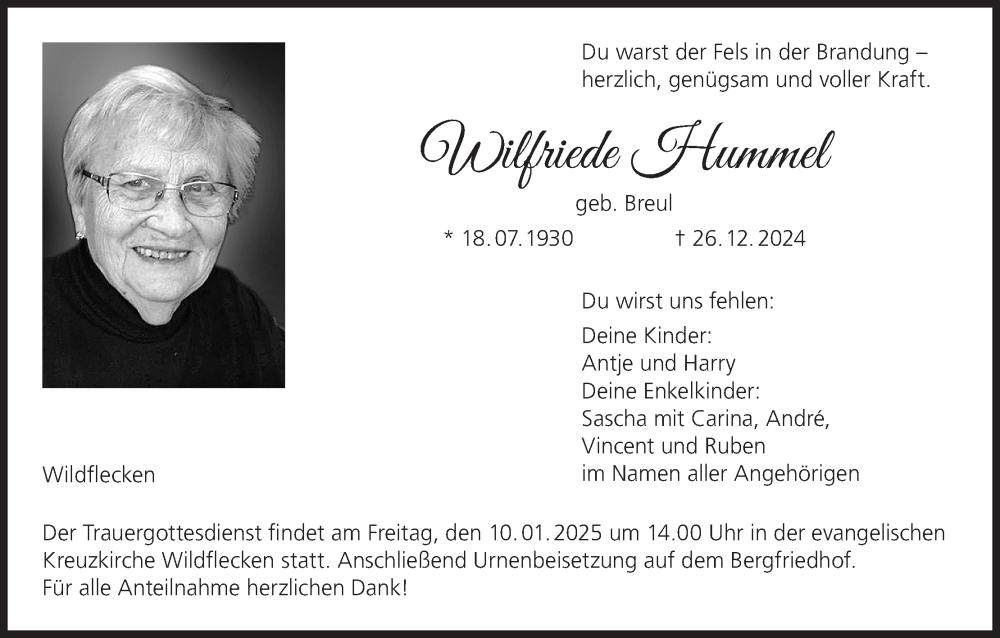  Traueranzeige für Wilfriede Hummel vom 04.01.2025 aus MGO