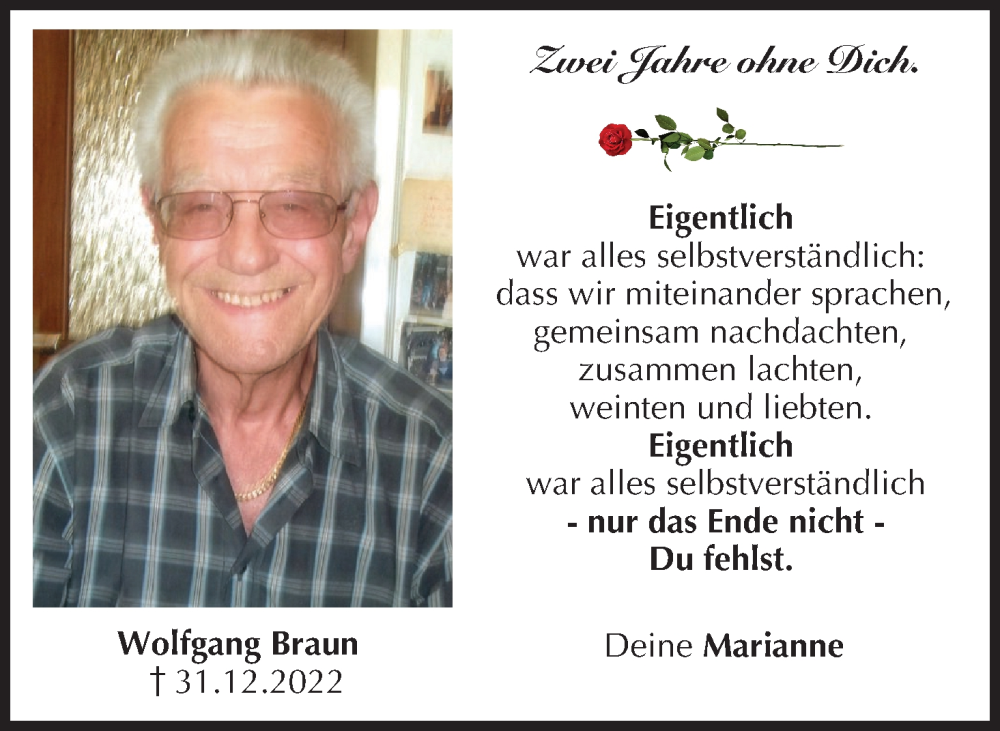  Traueranzeige für Wolfgang Braun vom 31.12.2024 aus MGO