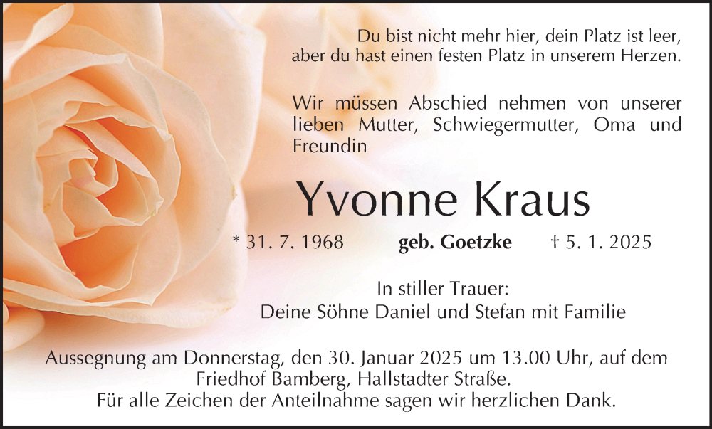  Traueranzeige für Yvonne Kraus vom 25.01.2025 aus MGO