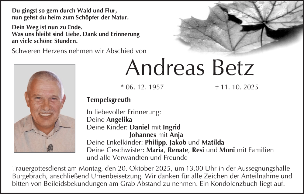  Traueranzeige für Andreas Betz vom 18.10.2025 aus MGO