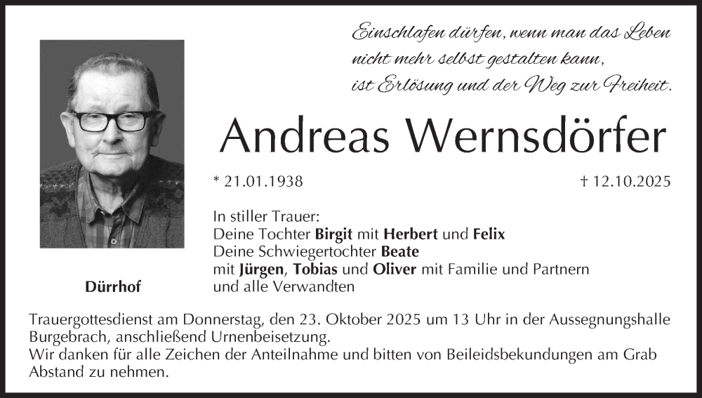  Traueranzeige für Andreas Wernsdörfer vom 18.10.2025 aus MGO