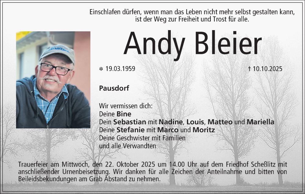 Traueranzeige für Andy Bleier vom 18.10.2025 aus MGO
