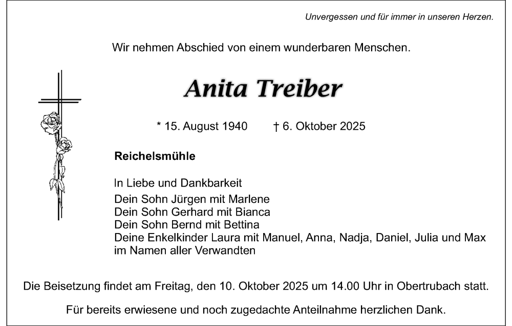  Traueranzeige für Anita Treiber vom 09.10.2025 aus MGO