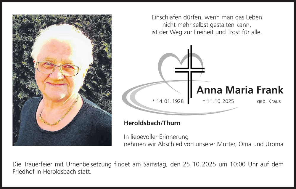  Traueranzeige für Anna Maria Frank vom 23.10.2025 aus MGO