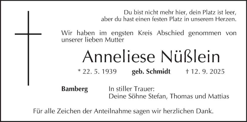  Traueranzeige für Anneliese Nüßlein vom 04.10.2025 aus MGO