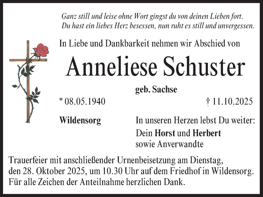  Traueranzeige für Anneliese Schuster vom 25.10.2025 aus MGO