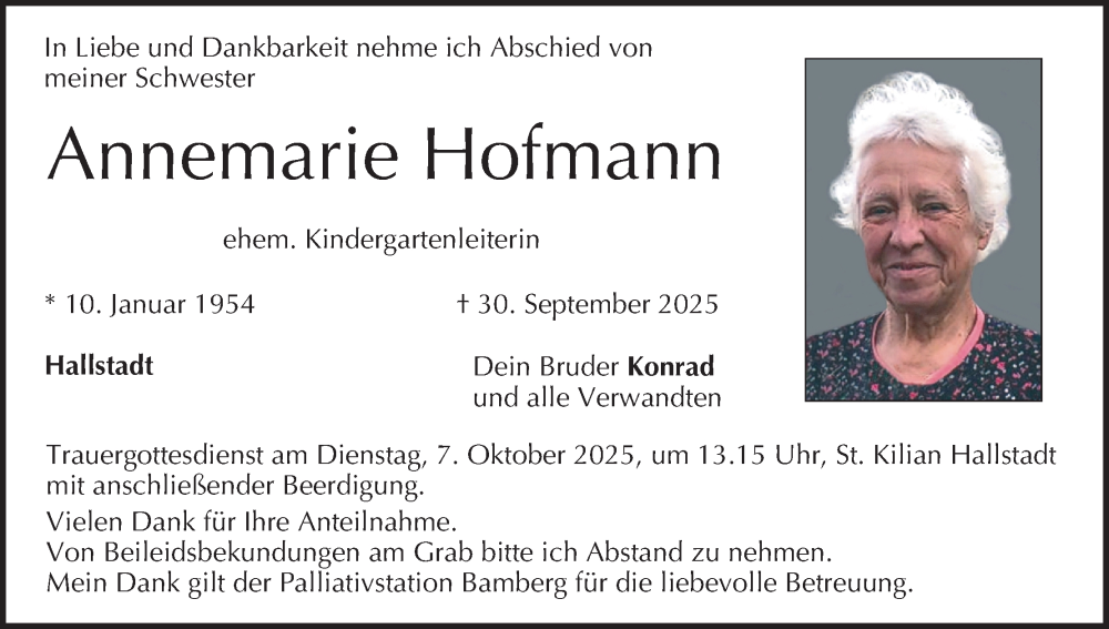  Traueranzeige für Annemarie Hofmann vom 04.10.2025 aus MGO