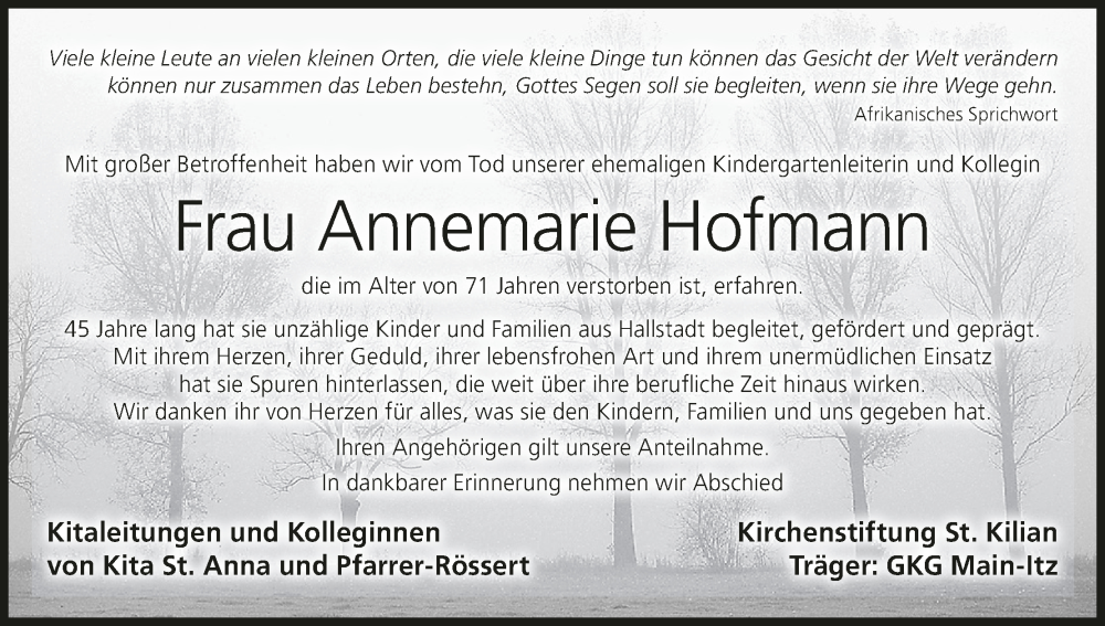  Traueranzeige für Annemarie Hofmann vom 04.10.2025 aus MGO