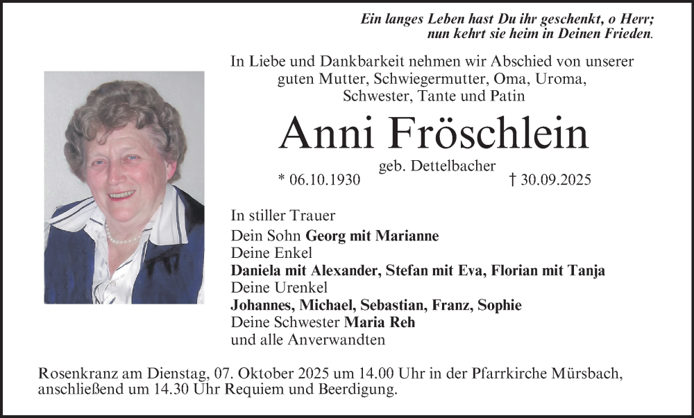  Traueranzeige für Anni Fröschlein vom 04.10.2025 aus MGO