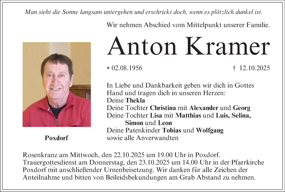  Traueranzeige für Anton Kramer vom 18.10.2025 aus MGO