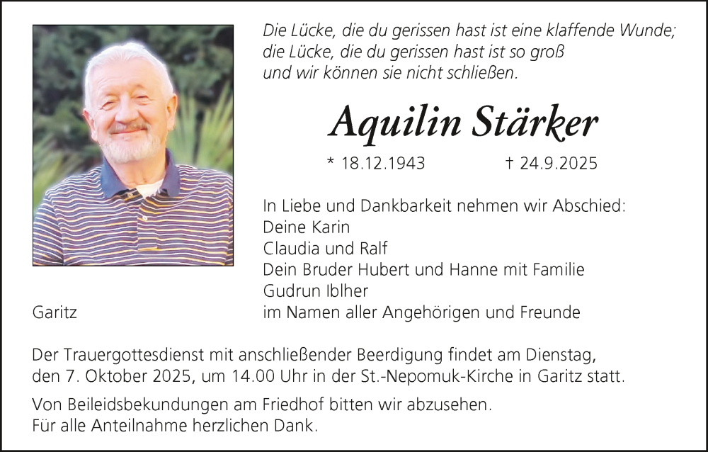  Traueranzeige für Aquilin Stärker vom 04.10.2025 aus MGO
