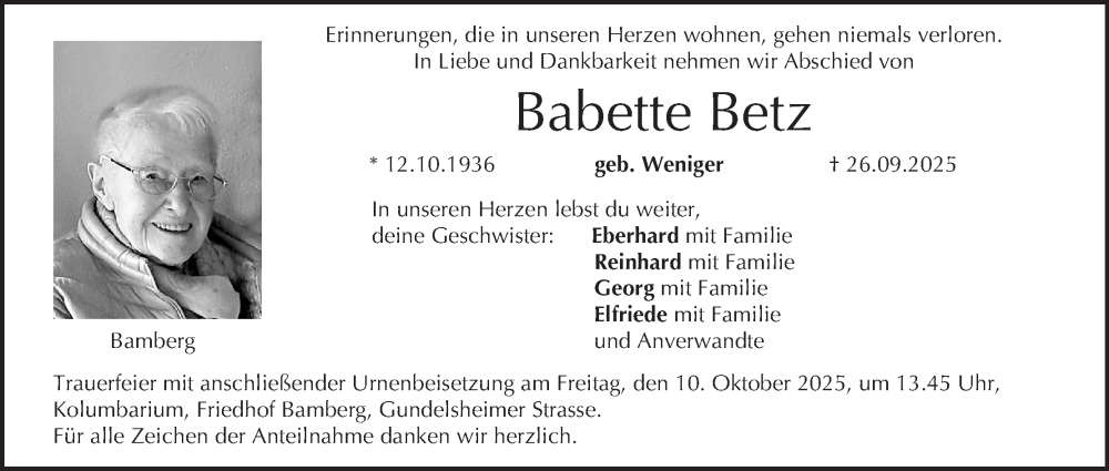  Traueranzeige für Babette Betz vom 04.10.2025 aus MGO