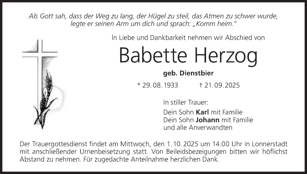  Traueranzeige für Babette Herzog vom 01.10.2025 aus MGO