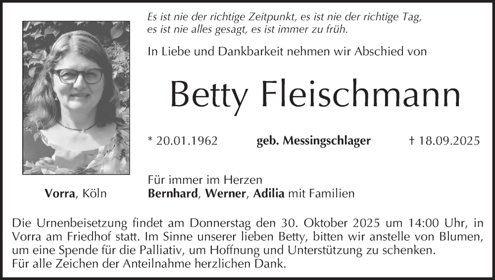  Traueranzeige für Betty Fleischmann vom 25.10.2025 aus MGO