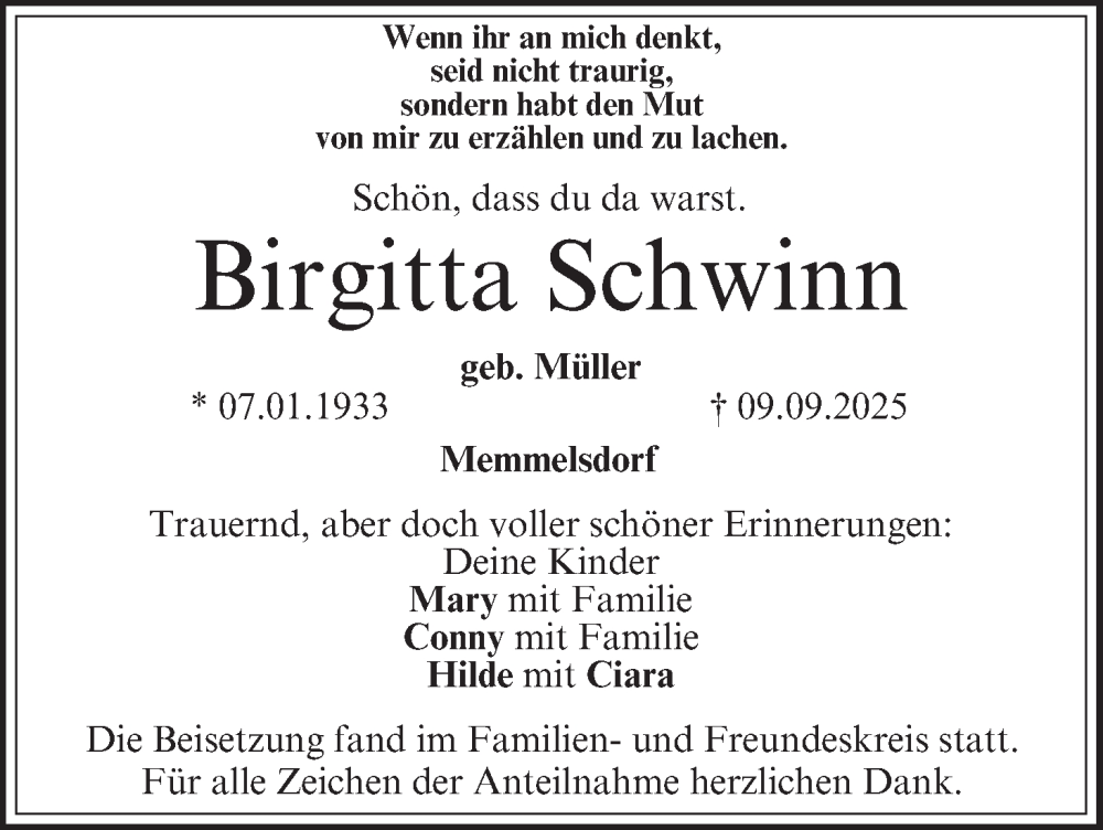  Traueranzeige für Birgitta Schwinn vom 11.10.2025 aus MGO