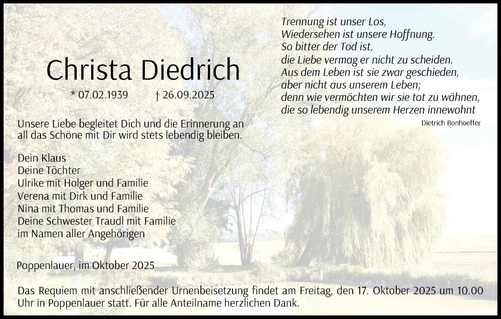  Traueranzeige für Christa Diedrich vom 11.10.2025 aus MGO