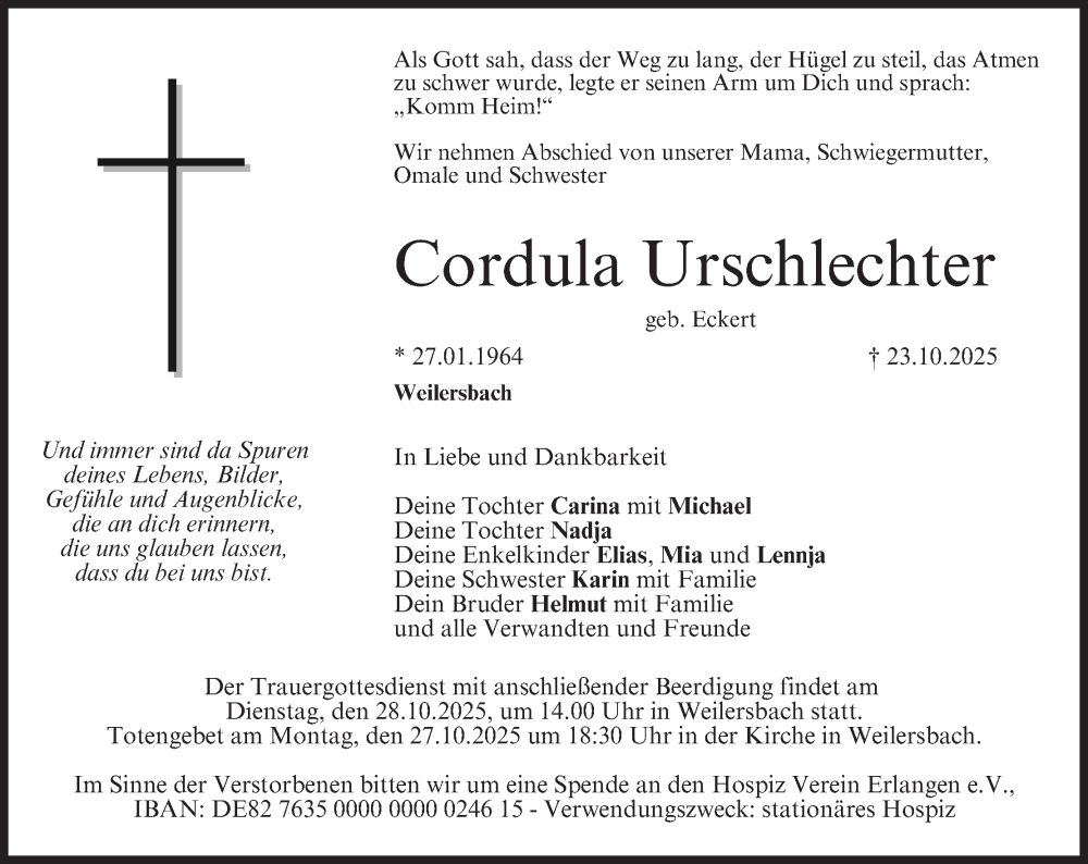  Traueranzeige für Cordula Urschlechter vom 25.10.2025 aus MGO