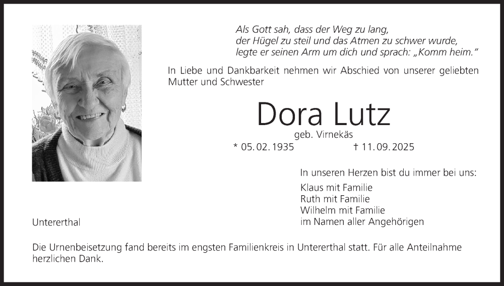  Traueranzeige für Dora Lutz vom 04.10.2025 aus MGO