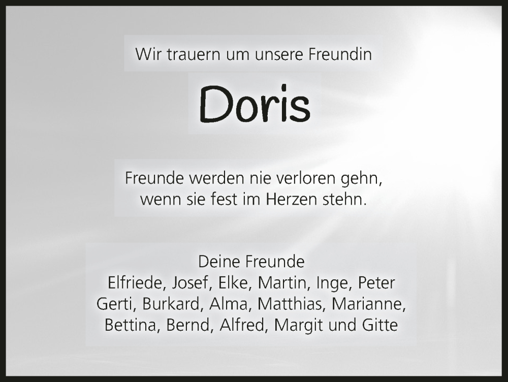  Traueranzeige für Doris Kümmert vom 04.10.2025 aus MGO