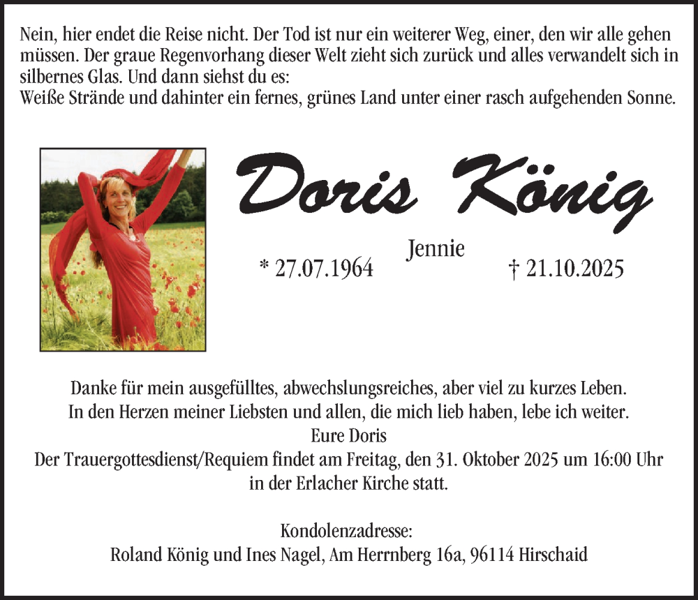  Traueranzeige für Doris König vom 25.10.2025 aus MGO