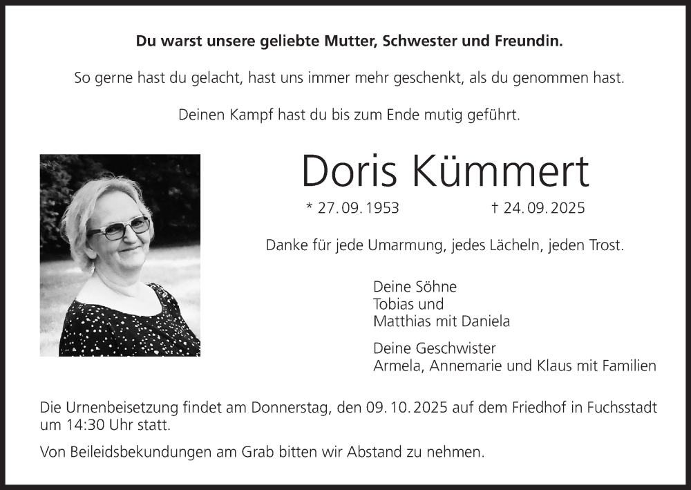  Traueranzeige für Doris Kümmert vom 04.10.2025 aus MGO