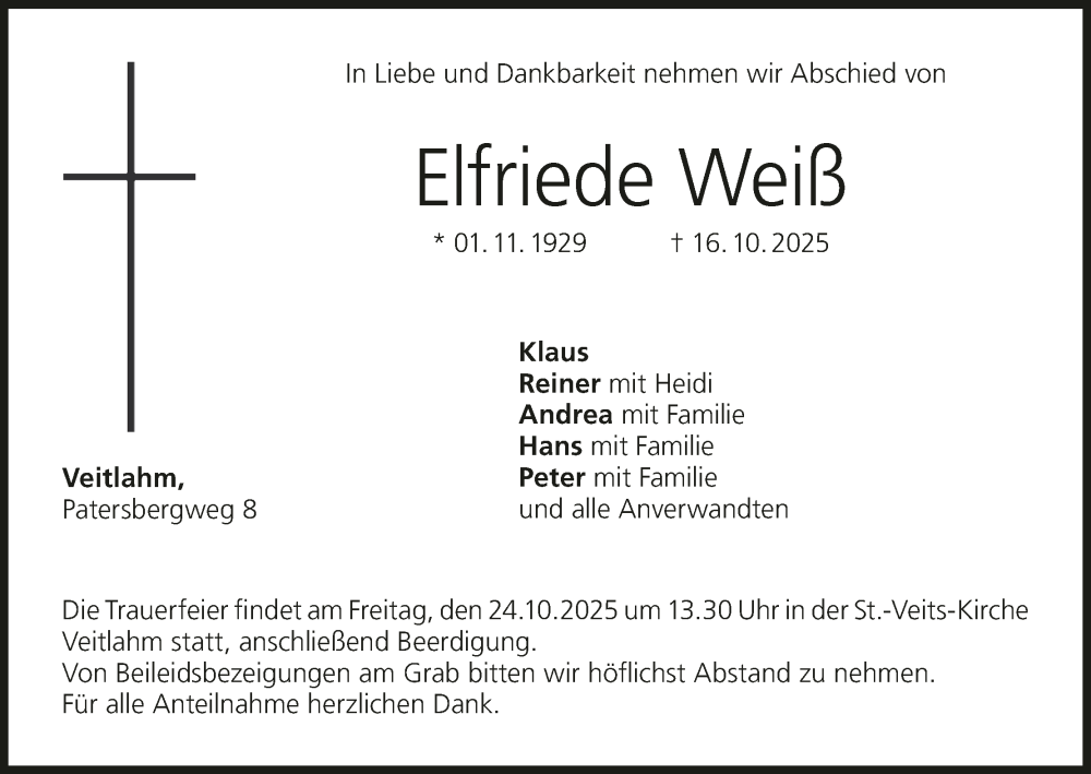  Traueranzeige für Elfriede Weiß vom 22.10.2025 aus MGO