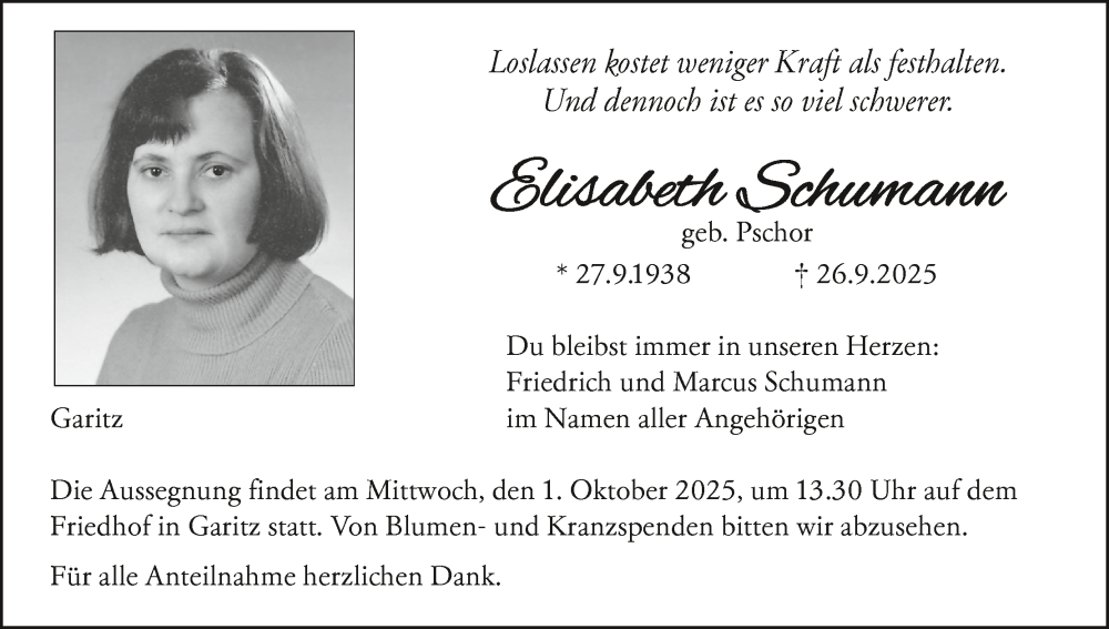  Traueranzeige für Elisabeth Schumann vom 30.09.2025 aus MGO