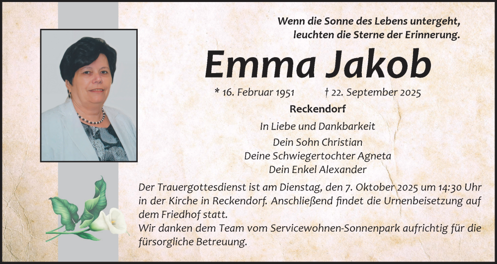  Traueranzeige für Emma Jakob vom 04.10.2025 aus MGO