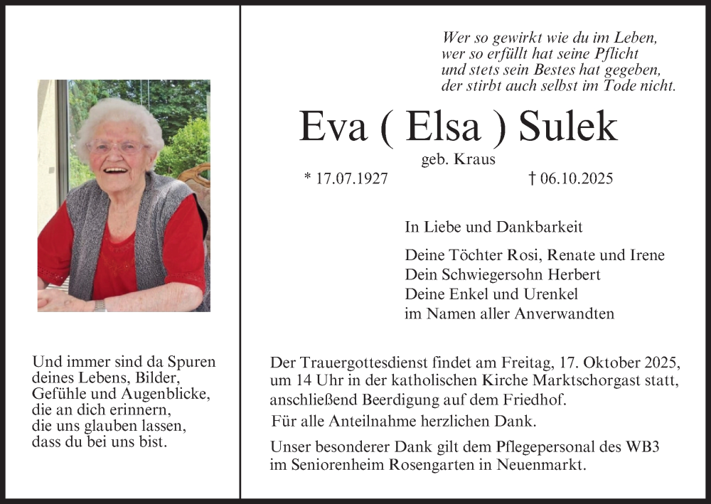  Traueranzeige für Eva Sulek vom 15.10.2025 aus MGO