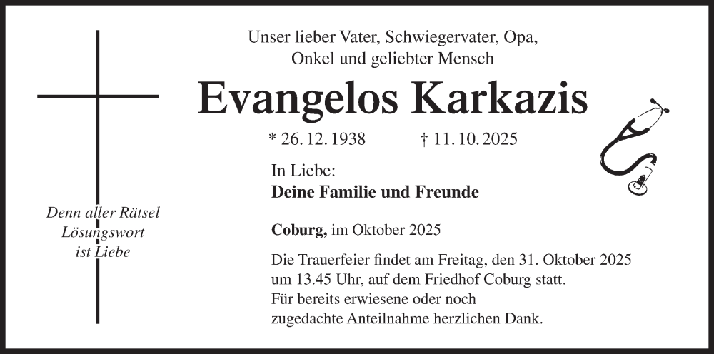  Traueranzeige für Evangelos Karkazis vom 25.10.2025 aus MGO