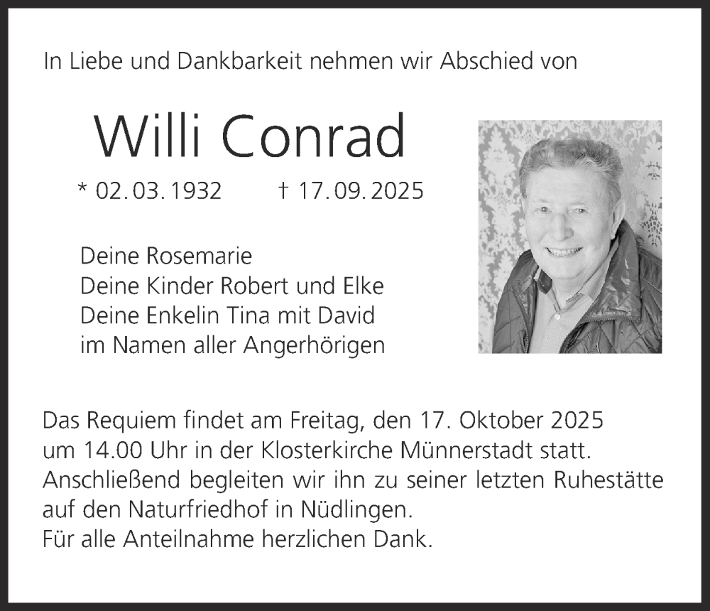  Traueranzeige für Willi Conrad vom 11.10.2025 aus MGO