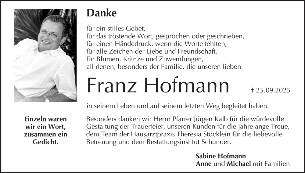  Traueranzeige für Franz Hofmann vom 18.10.2025 aus MGO