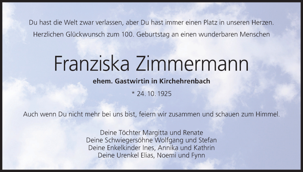  Traueranzeige für Franziska Zimmermann vom 24.10.2025 aus MGO