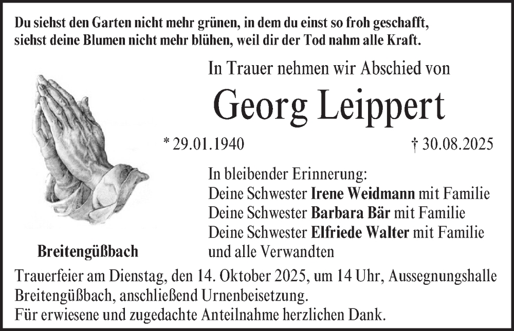  Traueranzeige für Georg Leippert vom 11.10.2025 aus MGO