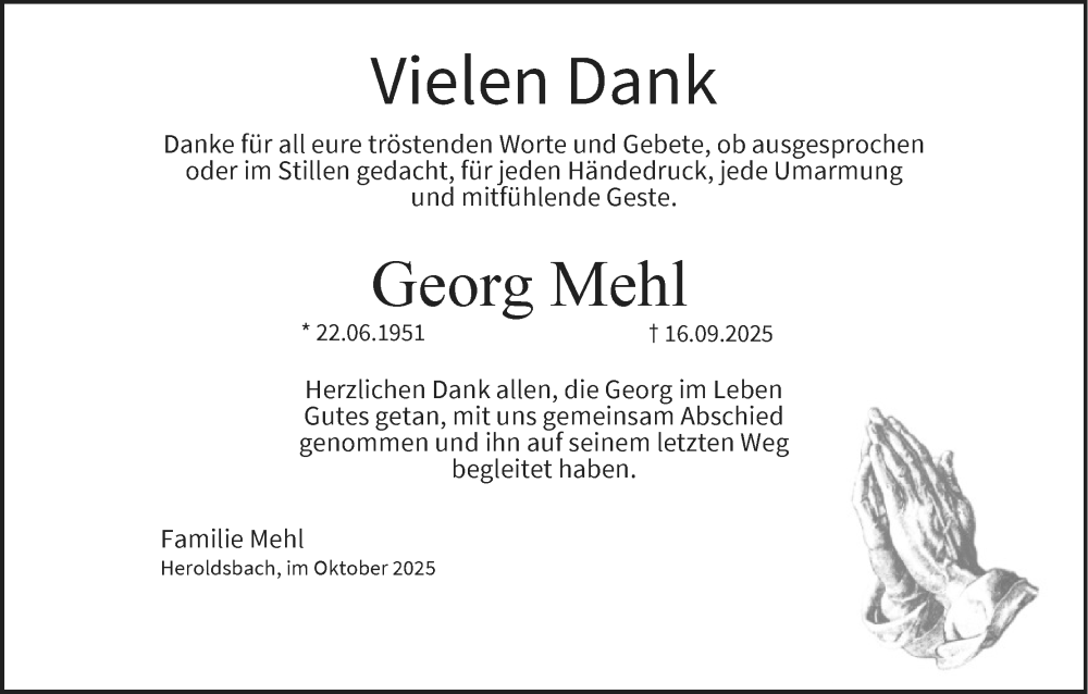  Traueranzeige für Georg Mehl vom 11.10.2025 aus MGO