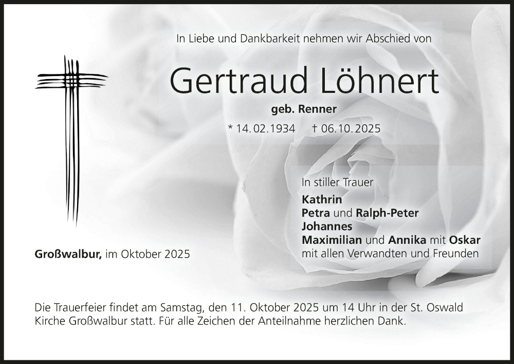  Traueranzeige für Gertraud Löhnert vom 09.10.2025 aus MGO