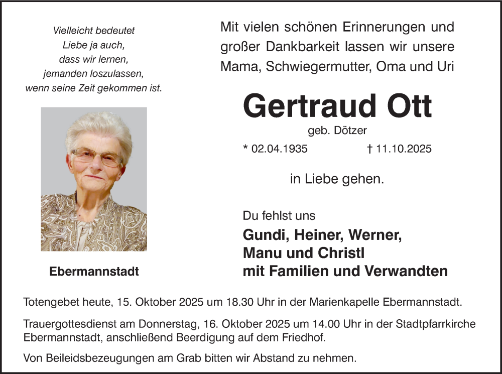  Traueranzeige für Gertraud Ott vom 15.10.2025 aus MGO