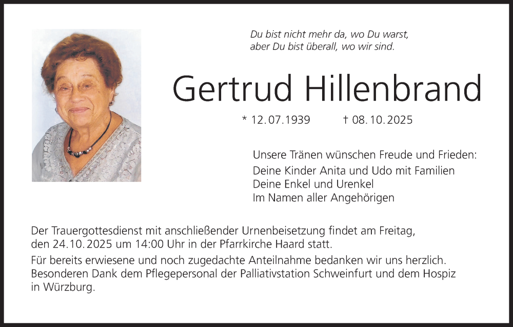  Traueranzeige für Gertrud Hillenbrand vom 18.10.2025 aus MGO