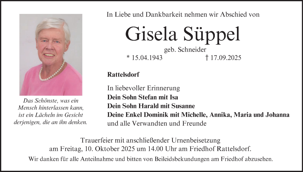  Traueranzeige für Gisela Süppel vom 04.10.2025 aus MGO