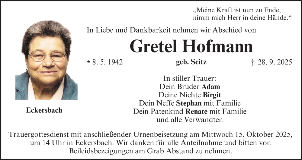  Traueranzeige für Gretel Hofmann vom 11.10.2025 aus MGO