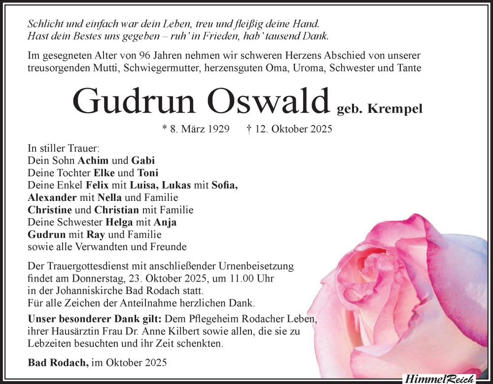  Traueranzeige für Gudrun Oswald vom 18.10.2025 aus MGO