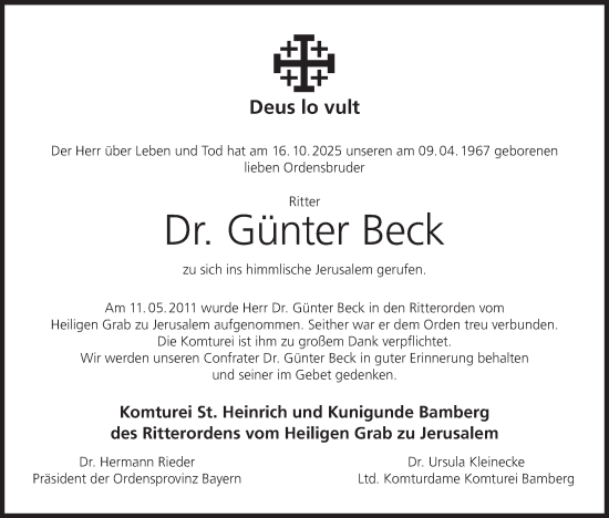 Anzeige von Günter Beck von MGO