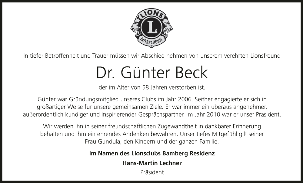 Traueranzeige für Günter Beck vom 25.10.2025 aus MGO